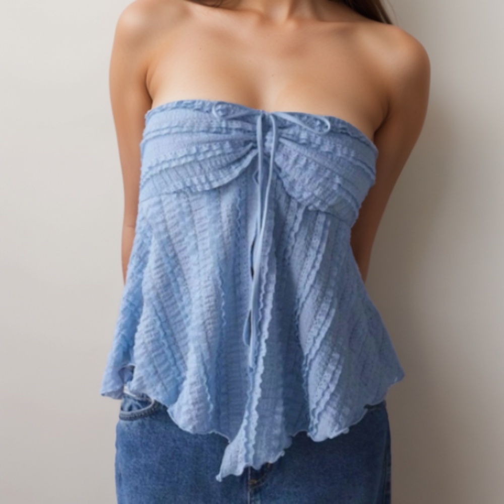 Light Blue Strapless Ruffle Hem Top